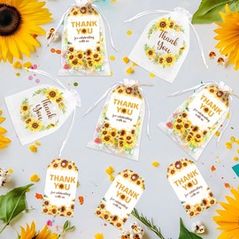 Diartpaint 50 Sets Organza Bags Set, Party Favor Jewelry Gift Bags Drawstring Bags with Tags String, Thank You Tags Candy Mesh Pouches for Wedding Baby Bridal Shower Birthday Party (Sunflower)