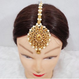 Women's Gold Tone Cz Pearl Bridal Head Maang Tikka Ethnic Woman Party Jewelry Golden