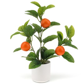 Funzhan 14.2 Inch Artificial Orange Fruit Plants Potted Indoor Decoration Fake Orange Tree Realistic Faux branche with White Pot for Home Office Living Room Table Desk
