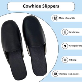 Hyfant Men's Leather Slippers Genuine Leather Slippers for Men Scuff Slippers with Memory Foam Minimalist Mules House Slip-on Shoes for Office Home Bedroom Living Room Guests Visitor
