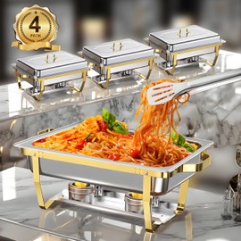 Chafing Dishes for Buffet, 8QT Stainless Steel Chafing Dish Buffet Set, Elegant Gold and Silver Colors Chafers and Buffet Warmers Sets for Parties, Dinners, Catering, Weddings, Banquet (4 PACK)