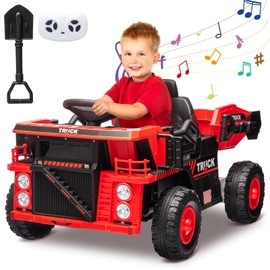 Ride On Dump Truck Car Toy with Remote Control, Electric Dump Bed, Shovel, 12V Construction Vehicle for Kids with Music Player, High & Low Speed