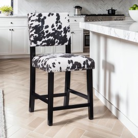 Linon Cole Black Wood 24" Seat Height Counter Stool with Black and White Cow Print Upholstered Seat and Back