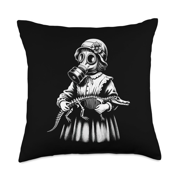 Creepy Girl Wearing Gas Mask Holding a Crocodile Skeleton Throw