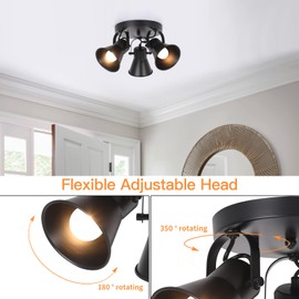 SEEBLEN 3-Light Industrial Track Lighting, Adjustable Round Kitchen Ceiling Light, Morden Black Flush Mount Directional Light for Kitchen, Hallway, Dining Room, Bathroom, Coffee Bar..