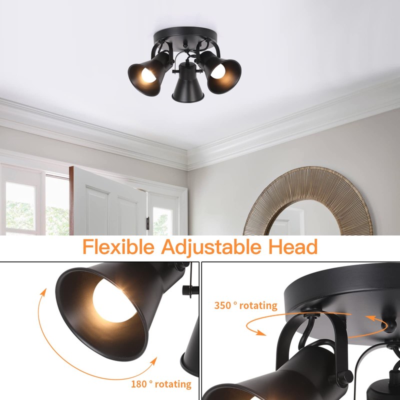 SEEBLEN 3-Light Industrial Track Lighting, Adjustable Round Kitchen Ceiling Light,