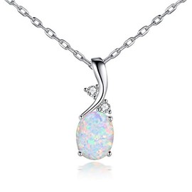 Yifnny Opal Necklace, Minimalist Silver Plated White Fire Opal Necklace Created Oval Opal Pendant Necklace October Birthstone Necklace Opal Jewelry for Women (Silver)
