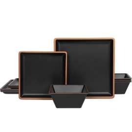 Gofunfun Melamine Dinnerware Sets Service for 4, Square Dinner Plates and Bowls Set,12-Piece Set Non-breakable Lightweight Dinner Tableware for Indoor/Outdoor Use