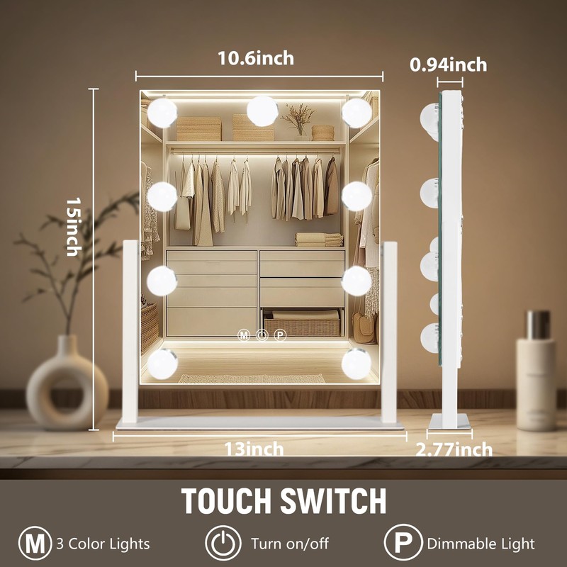 Ratsamee Rechargeable Vanity Mirror, 8000mAh 13"×15" Makeup Mirror