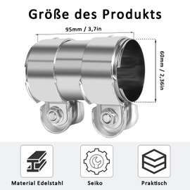 Exhaust Clamp, 60 x 95 mm Double Clamp Exhaust Pipe Clamp, Double Clamp Stainless Steel, Exhaust Clamps Clamps with Double Clamp, Universal Connector, for Exhaust Pipes, Motor Vehicles