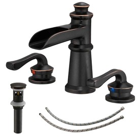 BATHLAVISH Oil Rubbed Bronze Bathroom Faucet 3 Hole 2-Handle Widespread Waterfall with Pop Up Drain Assembly Has Overflow 8-16 Inch Farmhouse Mixer Tap Supply Line Commercial