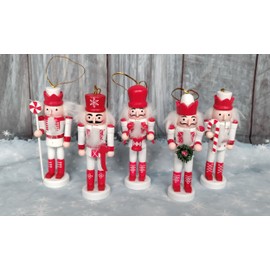 Premier Set Of 5 Nutcracker Christmas Decorations Wooden Tree Decorations Hanging Soldiers Red & White