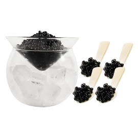 Glass Caviar Serving Bowl Set with Ice Chamber and 4 Mother of Pearl Spoons