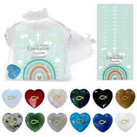 GTJEOI Pack of 36 Party Bags Communion Party Favours, Heart Lucky Stone with Fish for Children Adults, Congratulations Cards for Communion Small Gifts for Communion Children's Birthday Christening