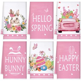 6 Pcs Easter Kitchen Towels Pink Spring Hand Towels 23.62 x 15.75 Inch Absorbent Bunny Egg Dish Towels Decorative Butterfly Flower Truck Tea Towel Easter Towels for Home Bathroom Holiday Decor