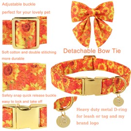 UP URARA PUP Fall Dog Collar with Bow Tie & Flower, Cotton Bowtie & Flower Dog Collar for Boys or Girls Dogs, Beautiful Sunflower Pet Collar with Metal Buckle