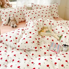 Michorinee Double Duvet Cover Set Red Roses Pattern Vintage Floral Bedding Set with Zipper Closure 110g/㎡ Soft Washed Microfibre Aesthetic Girls Quilt Cover with 2 Pillowcases 50x75 cm