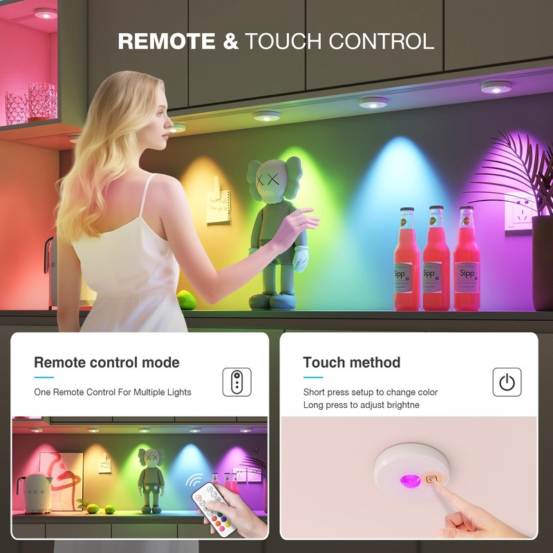 RGB Puck Lights with Remote Control, 2000mAh Battery Operated Tap