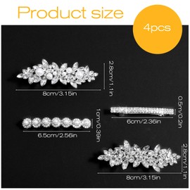 4Pcs Rhinestone Hair Clips, Silver Flower Crystal Pearl Hairpins Sparkly Diamond Hair Barrettes Decorative Wedding Hair Accessories for Women Bride Bridesmaid