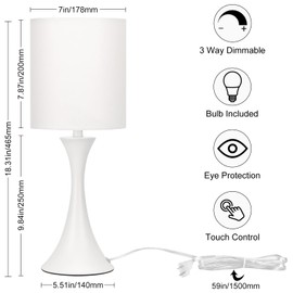Seaside village Modern Table Lamps, 3 Way Touch Control Table Lamp, Dimmable Desk Lamp, White Nightstand Lamp with Fabric Shade, Small Bedside Lamp for Living Room, Dorm,Home Office, LED Bulb Included