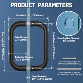 Ranbo Matte Black 6" （CTC） Tubular Back-to-Back Shower Door Handle，3/4" Diameter Pull Handles with Metal Washers, for 1/4"- 1/2" Thick Glass and 1-3/8" - 2-1/6" Thick Wooden or Metal Doors