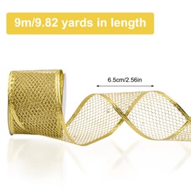 URROMA Gold Glitter Wired Ribbon, 9.82 Yards Web Mesh Ribbon Wired Metallic Sparkling Edge Ribbon for Gift Wrapping DIY Crafts for Home Decor