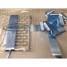 INERRA Gift/Hamper Wrapping Kit - 2 Metres White Dot Film Wrap (Folded) & 14 Loop 7" Bow - Large Colour Range (Baby Blue)