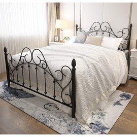 Black Queen Platform Metal Bed Frame with Headboard and Footboard,Vintage Victorian Style Mattress Foundation, No Box Spring Required, Under Bed Storage, Black,Queen.