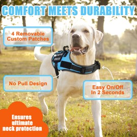 No Pull Dog Harness for Large Medium Sized Dogs, Service Dog Harness and Leash Set with 4 Patches, Adjustable Easy Walk Dogs Harnesses with Handle, Dogs Vest Harnesses for Training (Blue, L)