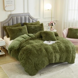 JAUXIO Luxury Long Faux Fur Bedding Set Shaggy Comforter Duvet Cover with Pillow Sham Ultra Soft Home Decoration (Sage, King)