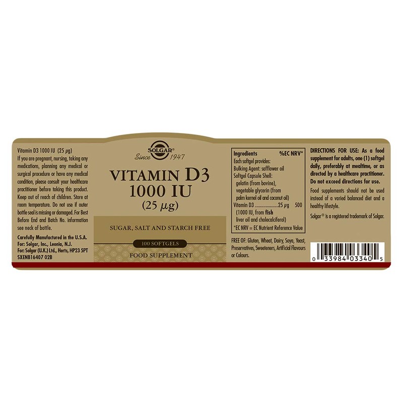 Solgar Vitamin D3 (Cholecalciferol) 25 mcg (1000 IU), 100 Softgels
