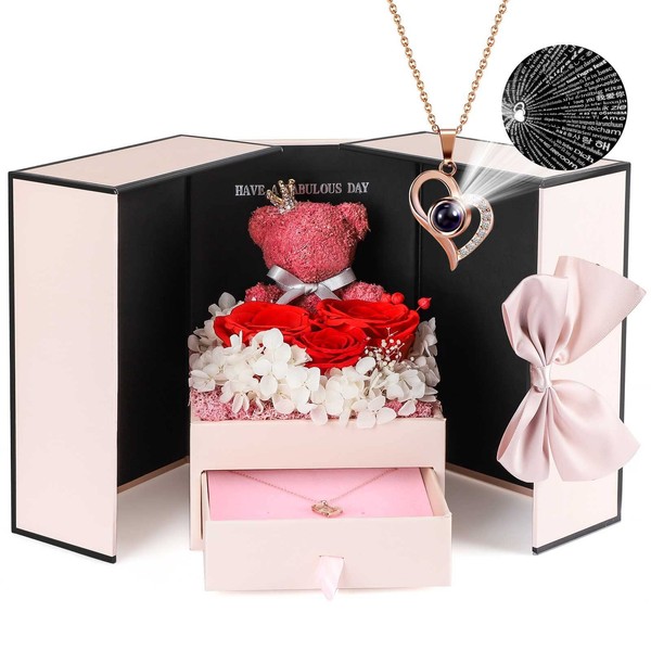 ADDWel Forever Rose Necklace Gifts Box for Girlfriend, Romantic Gift for Her with I Love You Necklace 100 Languages, Present for Women Birthday and Valentine's Day From Son and Husband