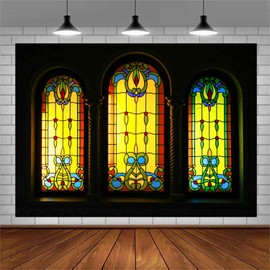 EMTOBT 8x8ft Stained Glass Window Backdrop Vintage Church Cathedral Glass Painting Religion Kid Adult Artistic Portrait Photoshoot Studio Props Video Drape Vinyl BJZYEM284