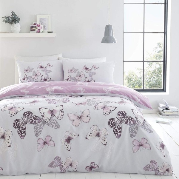Catherine Lansfield Scatter Butterfly Reversible Double Duvet Cover Set with Pillowcases Heather