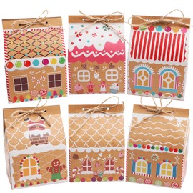 SULOLI 24 Pcs Christmas Kraft Paper Gift Boxes, Xmas Candy House Style Goodies Treat Bags for Christmas Party Favor