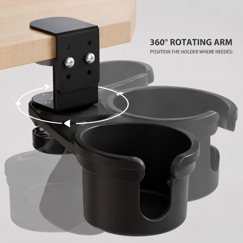 360° Rotating Clamp-On Desk Cup Holder with Adjustable Table Mount