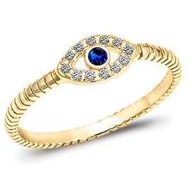 Gold-Tone Blue Simulated Sapphire Evil Eye Ring .925 Sterling Silver Band Size 8