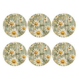 OEDTF Coasters Set of 6, Desktop Protection, Easy Clean, Waterproof, Fits Restaurants Kitchens Offices, 4 Inches PVC Material, Wood Grain Daisy Pattern