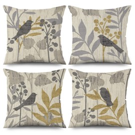 ASDCXZ Spring Pillow Cover 40x40 cm 4er Set, Retro Flower Leaves Bird Grey Sofa Cushion Covers, Washable Polyester Flax Textile Outdoor