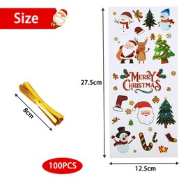Pack of 100 Christmas Cookie Bags, Santa Claus Pattern Cellophane Bags, Clear, Candy Bag, Cellophane Bags with 100 Twist Ties (12.5 x 27.5 cm)