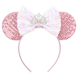 Foeran Mouse Ears Headbands Shiny Bows Mouse Ears Glitter Party Princess Decoration Cosplay Costume for Girls Women (pearl crown pink)