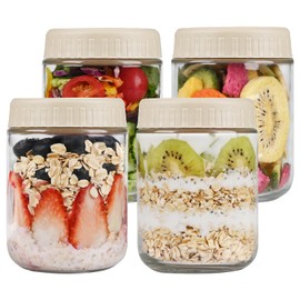 Overnight Oats Containers with Lids, 16oz Glass Jars with Lids 4 pcs, Camel, Wide Mouth Mason jars for Salad, Yogurt, Snacks, Meal Prep