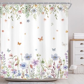 Riyidecor Colorful Wildflower Flowers Floral Shower Curtain for Bathroom Decor 72Wx72H Spring Botanical Plants Leaves Butterfly Women Girl Art Printed Fabric Polyester Waterproof 12 Pack Plastic Hook
