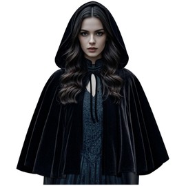 Joukavor Medieval Velvet Cape with Hood Women Short Renaissance Hooded Cape Shawl (Black-2)