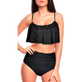 Octopus Trendy Women's Ruffle Bikini 2-Piece Swimwear Set with High Waist Briefs f5686, Black, black briefs, 24