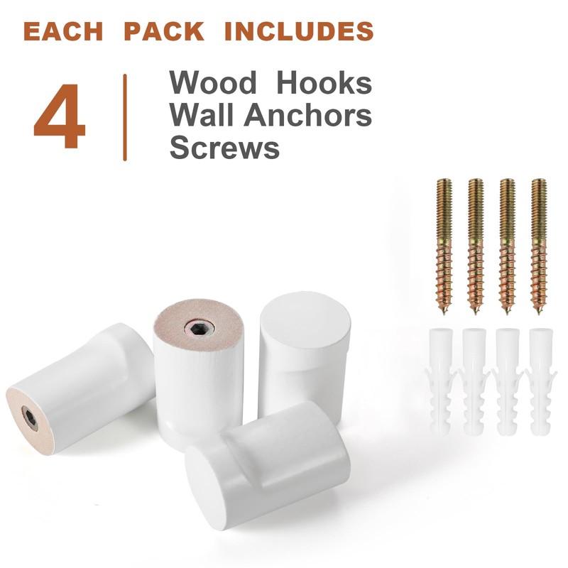 bsdonte Wood Wall Hooks, 4 Pack White Decorative Coat Hooks