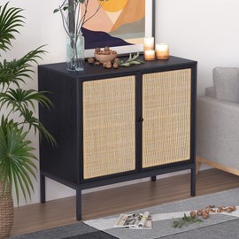 XIAO WEI Rattan Cabinet, Sideboard Cabinet with Hand-Woven Natural Rattan Doors, Buffet Table Storage Cabinet, for Kitchen Living Room Hallway Entryway, Black (Metal Legs)