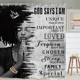 Yookeb African American Bathroom Shower Curtain 60W by 71H Inch Black Girl Woman Bible Christian Inspirational Motivational Positive Quotes Polyester 12 Plastic Hooks Waterproof Decor