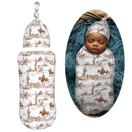 Muishi Vintage Western Cowboy Newborn Swaddle Blankets Hat Sets Soft Baby Receiving Blanket Swaddle Sack for Baby Shower Infant Boy Girl Gift