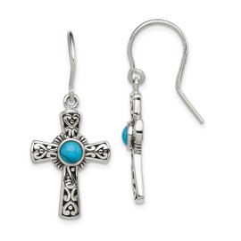 925 Sterling Silver Vintage Recon Blue Turquoise Holy Cross Christian Religious Drop Dangle Earrings